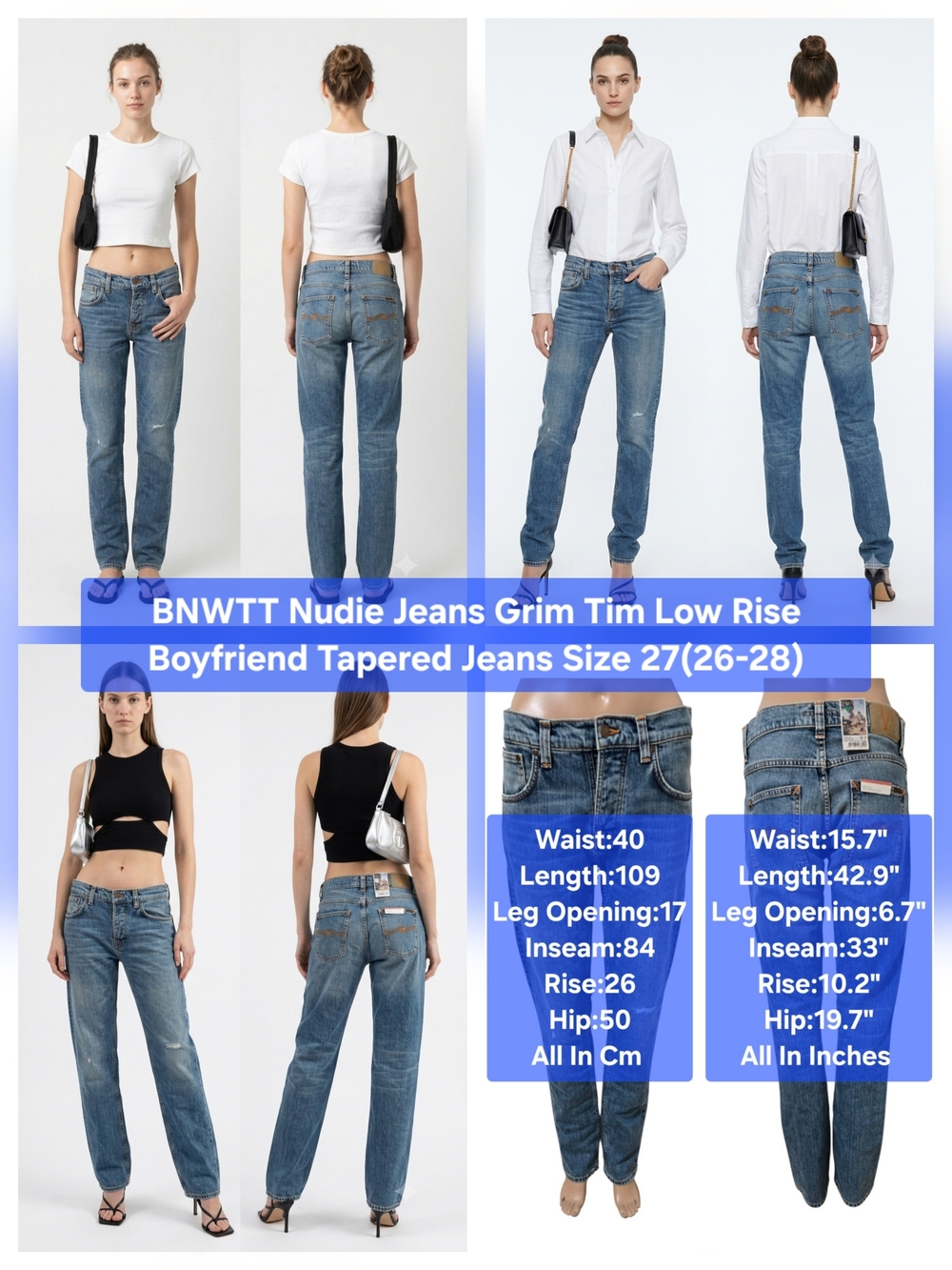 BNWTT Nudie Jeans Grim Tim Low Rise Boyfriend Tapered Jeans Size Tall 27(26-28)